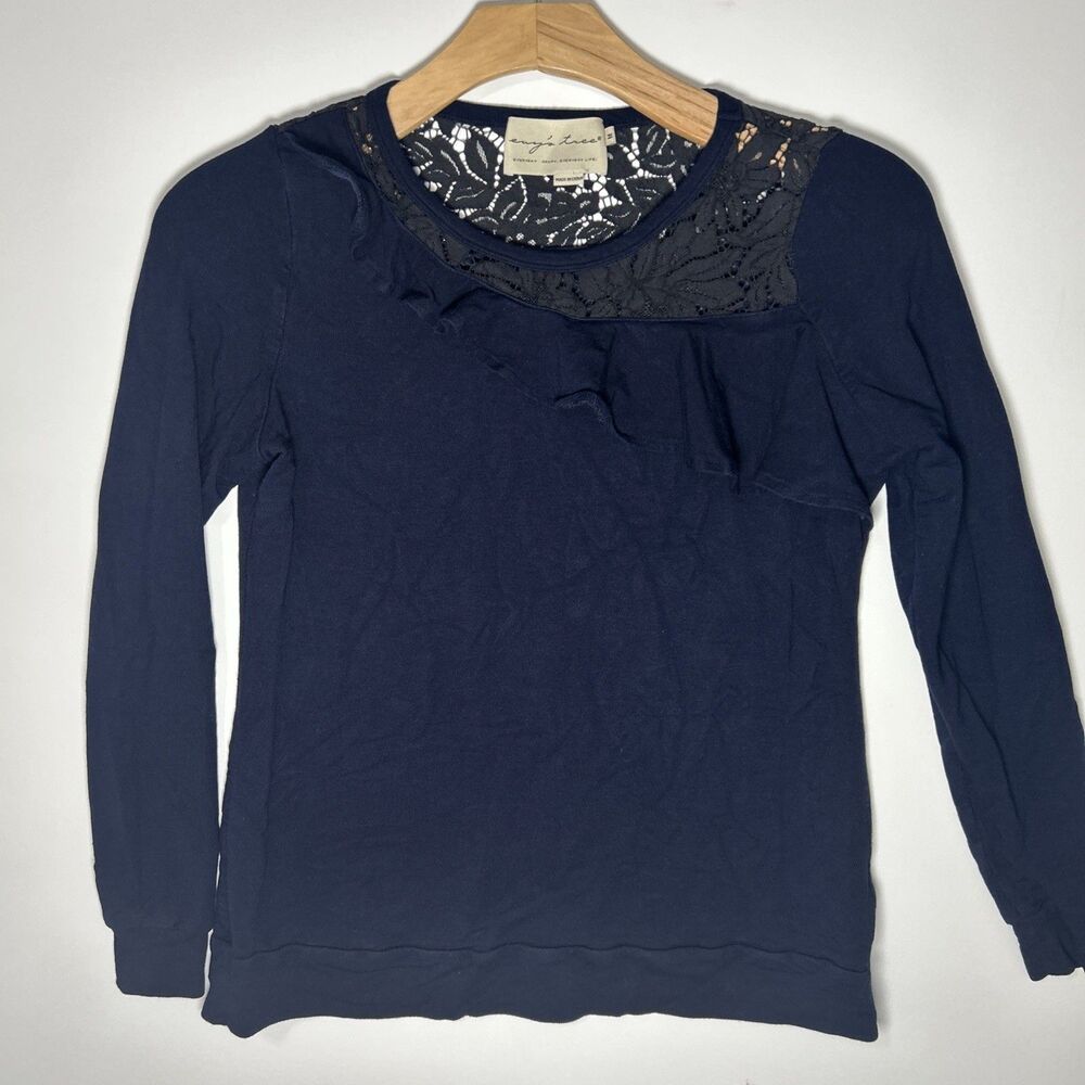 Evy’s Tree Navy Top Women’s Medium Long Sleeve Lace Ruffles Medium Weight